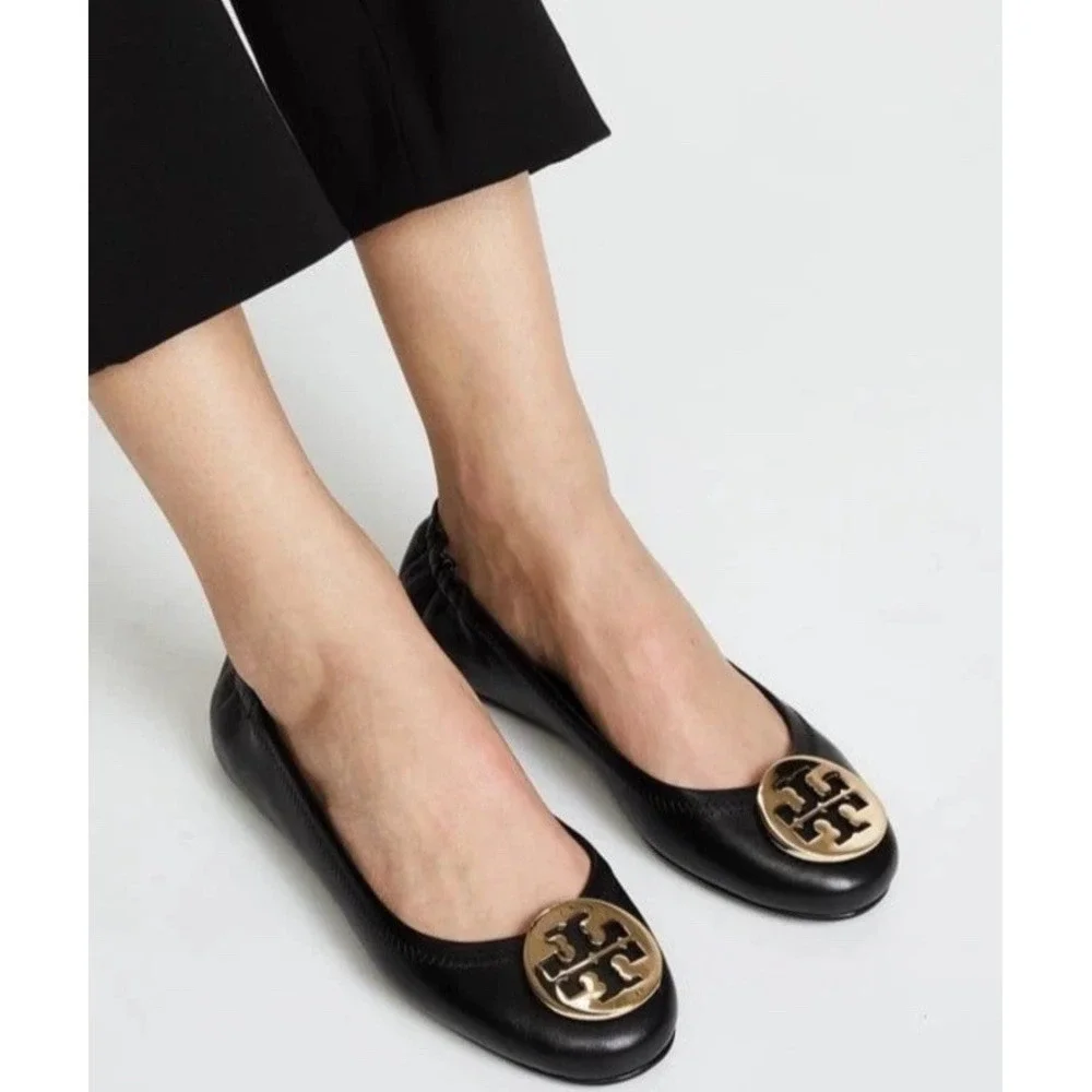Tory Burch Reva Black Leather‎ Ballet Flats Women's Size 7